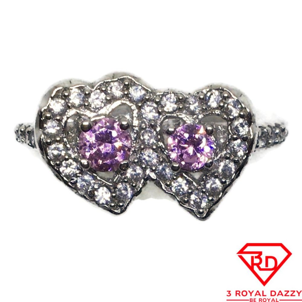 Heart Pink Round CZ White gold on silver Ring S8